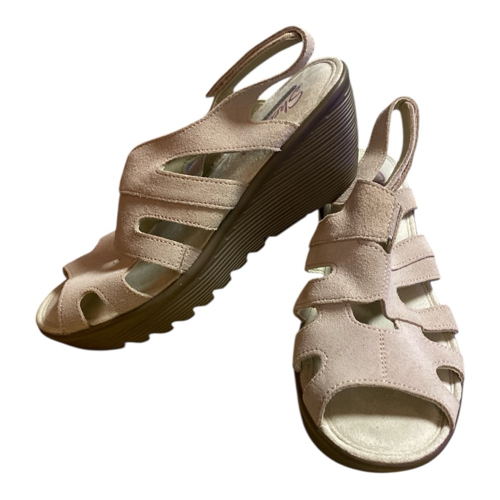 Skechers Memory Foam Blush Pink Suede Caged Wedge Sandals Women’s Size 7